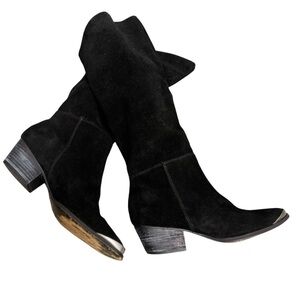 Vintage Y2K 90’s Slouchy Black Western Boho Slouchy Suede Silver Toe Tap Boots